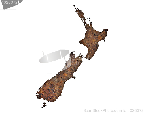 Image of Map of New Zealand on rusty metal