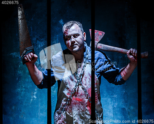 Image of Bloody Halloween theme: crazy killer as butcher with an ax