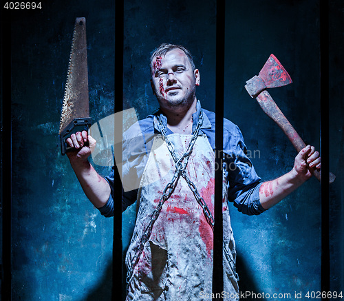 Image of Bloody Halloween theme: crazy killer as butcher with an ax