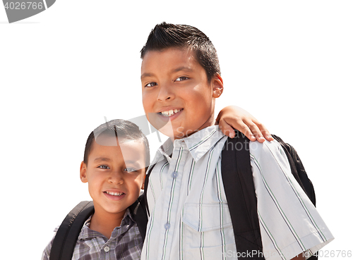 Image of Young Hispanic Student Brothers Wearing Their Backpacks on White