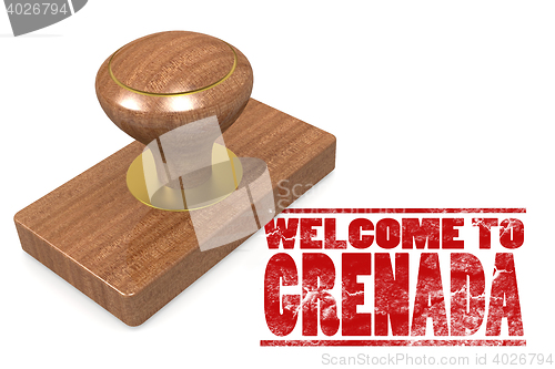 Image of Red rubber stamp with welcome to Grenada