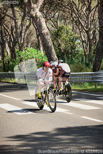 Image of Grosseto, Italy - May 09, 2014: The disabled cyclist with the bike during the sporting event