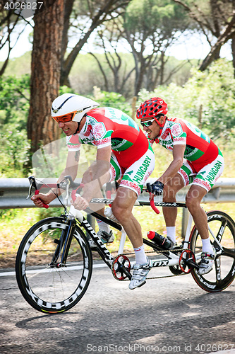 Image of Grosseto, Italy - May 09, 2014: The disabled cyclist with the bike during the sporting event