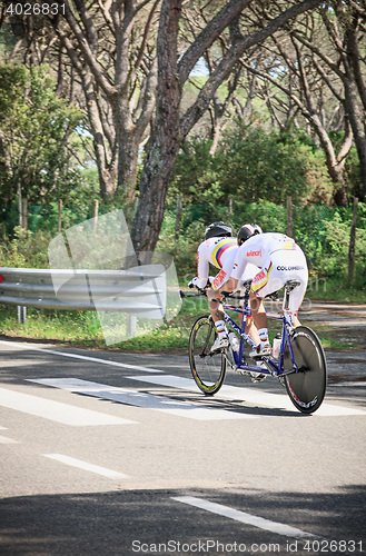 Image of Grosseto, Italy - May 09, 2014: The disabled cyclist with the bike during the sporting event