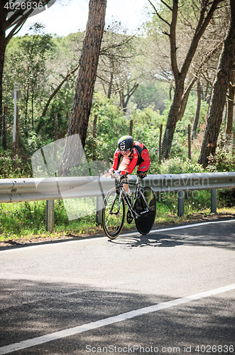 Image of Grosseto, Italy - May 09, 2014: The cyclist without feet with the bike during the sporting event