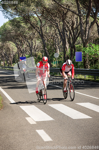 Image of Grosseto, Italy - May 09, 2014: The cyclist without feet with the bike during the sporting event