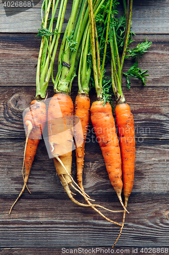 Image of Raw carrot with green leaves on wooden background