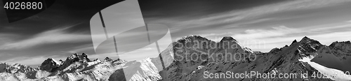 Image of Black and white panorama of winter mountains