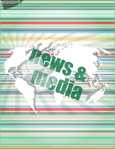 Image of News and press concept: words News and media on digital screen vector quotation marks with thin line speech bubble. concept of citation, info, testimonials, notice, textbox. isolated on white backgrou
