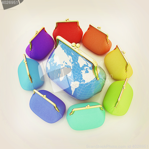 Image of Purse Earth and purses. On-line concept. 3D illustration. Vintag