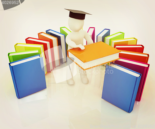 Image of 3d white man in a graduation hat with useful books - best gift a