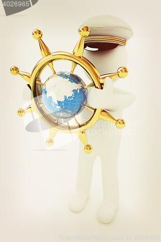 Image of Sailor with gold steering wheel and earth. Trip around the world