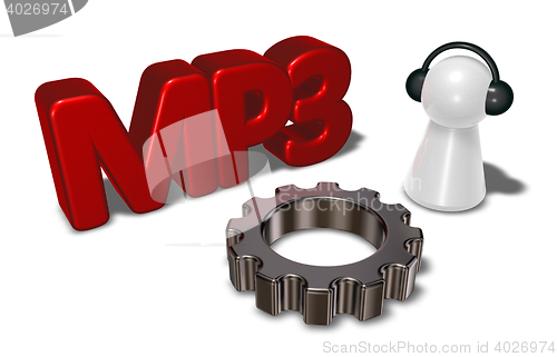 Image of mp3 tag, gear wheel and pawn with headphones - 3d rendering