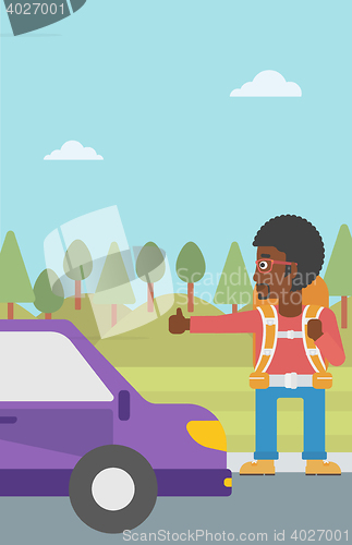 Image of Young man hitchhiking vector illustration.