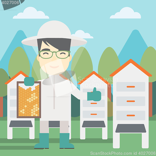 Image of Bee-keeper at apiary vector illustration.