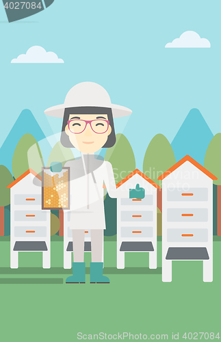 Image of Female bee-keeper at apiary vector illustration.