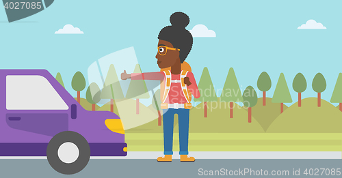 Image of Young woman hitchhiking vector illustration.