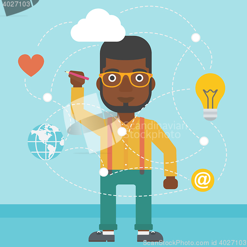 Image of Man writing cloud computing on virtual screen.