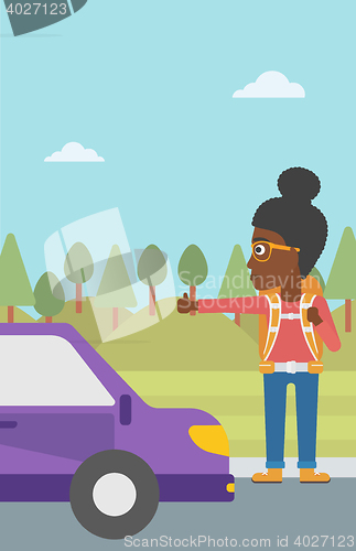 Image of Young woman hitchhiking vector illustration.