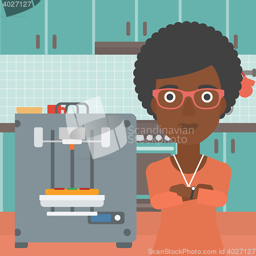 Image of Woman with three D printer vector illustration.