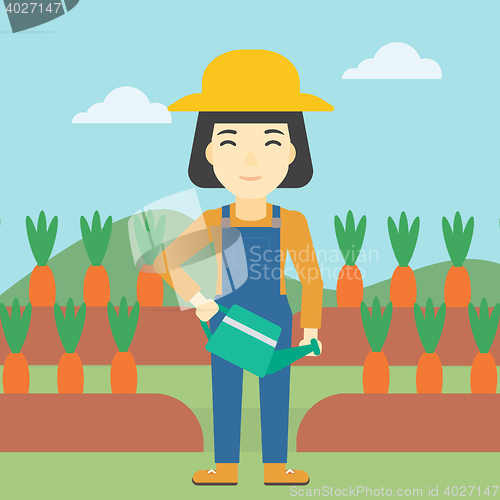 Image of Female farmer and watering can vector illustration