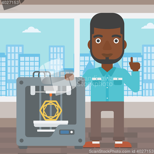 Image of Man with three D printer vector illustration.