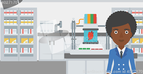 Image of Woman with three D printer vector illustration.