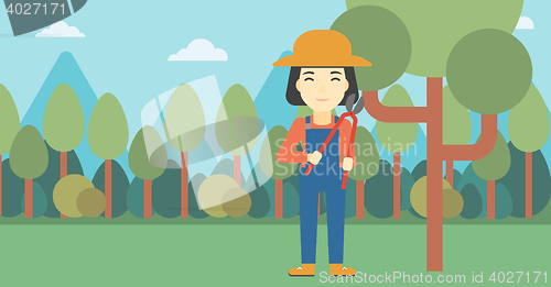 Image of Female farmer using pruner vector illustration.