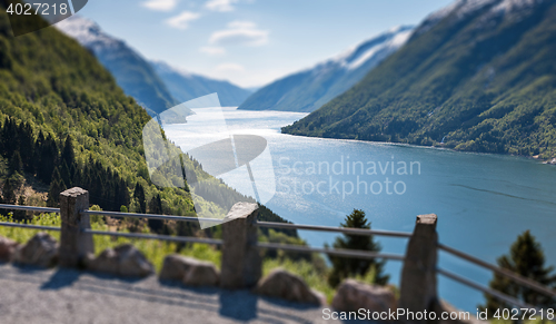 Image of The tili-shift image of scenic landscapes with Norwegian fjords.