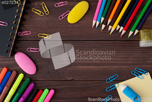 Image of School supplies on a wooden table