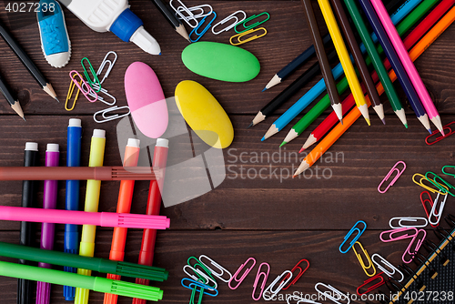 Image of School supplies on a wooden table