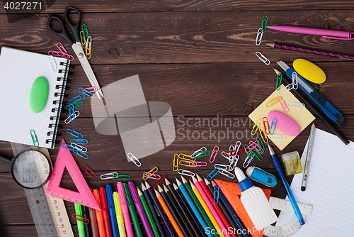 Image of School supplies on a wooden table