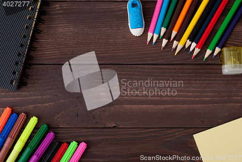 Image of School supplies on a wooden table