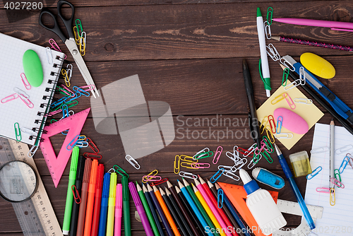 Image of School supplies on a wooden table