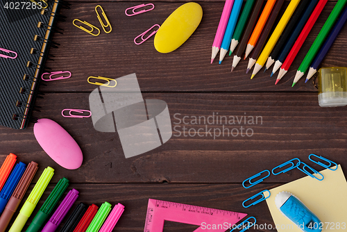 Image of School supplies on a wooden table