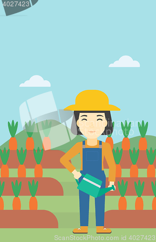 Image of Female farmer and watering can vector illustration