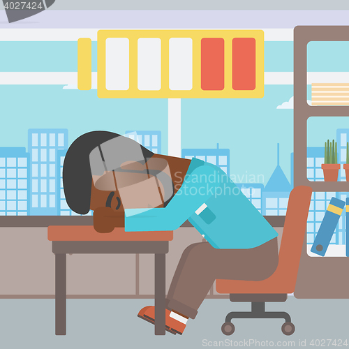 Image of Man sleeping at workplace vector illustration.