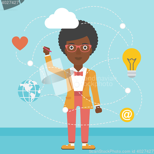 Image of Business woman and cloud computing.