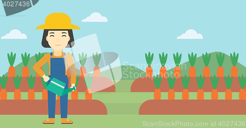 Image of Female farmer and watering can vector illustration