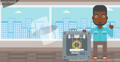 Image of Man with three D printer vector illustration.