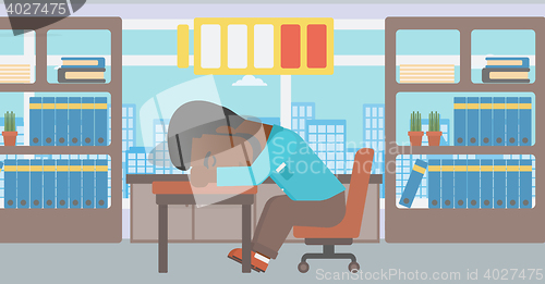 Image of Man sleeping at workplace vector illustration.