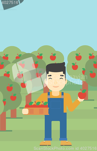 Image of Farmer collecting apples vector illustration.