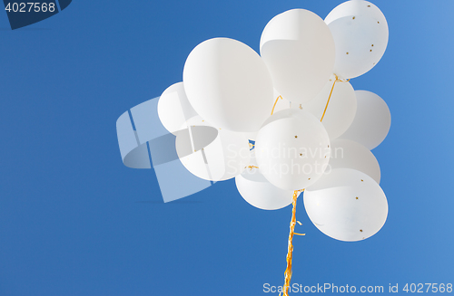 Image of close up of white helium balloons in blue sky