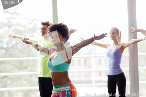 Image of group of smiling people dancing in gym or studio