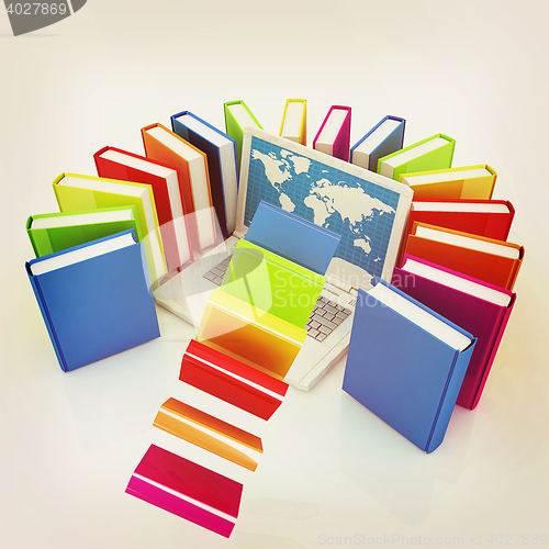 Image of Colorful books flying and laptop . 3D illustration. Vintage styl