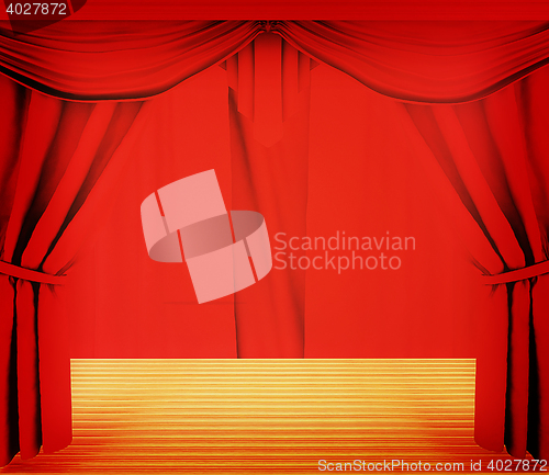Image of Red curtains and wooden scene floor . 3D illustration. Vintage s