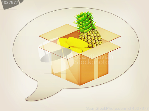 Image of messenger window icon and pineapple and bananas in cardboard box