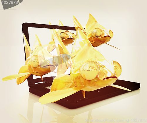 Image of Gold fishea and laptop. 3D illustration. Vintage style.