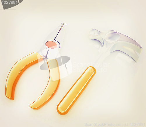 Image of pliers and hammer. 3D illustration. Vintage style.