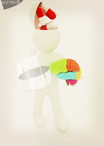 Image of 3d people - man with half head, brain and trumb up. Medical conc